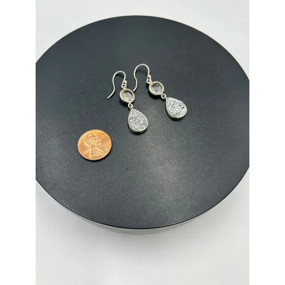 Vintage Sterling Silver 925 Titanium Druzy Clear‎ Rock Quartz Dangle Earrings